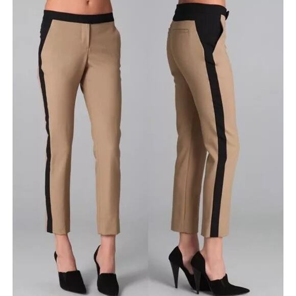 A.L.C. James Pants 2 Wool Mohair Blend Cropped Tuxedo Stripe Trousers Tan Black - Picture 1 of 11